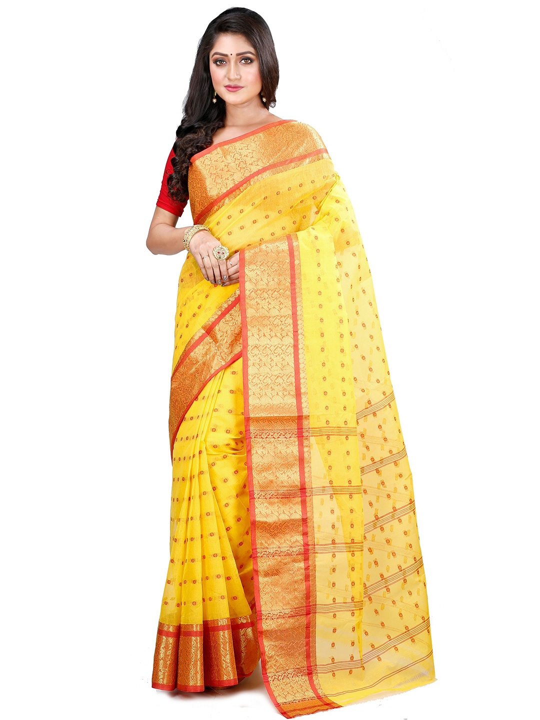 

DipDiya Woven Design Zari Pure Cotton Taant Saree, Yellow