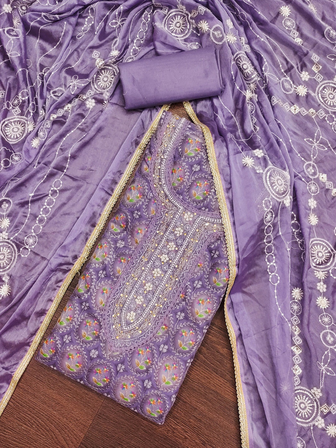 

MANVAA Floral Embroidered Beads and Stones Unstitched Dress Material, Lavender