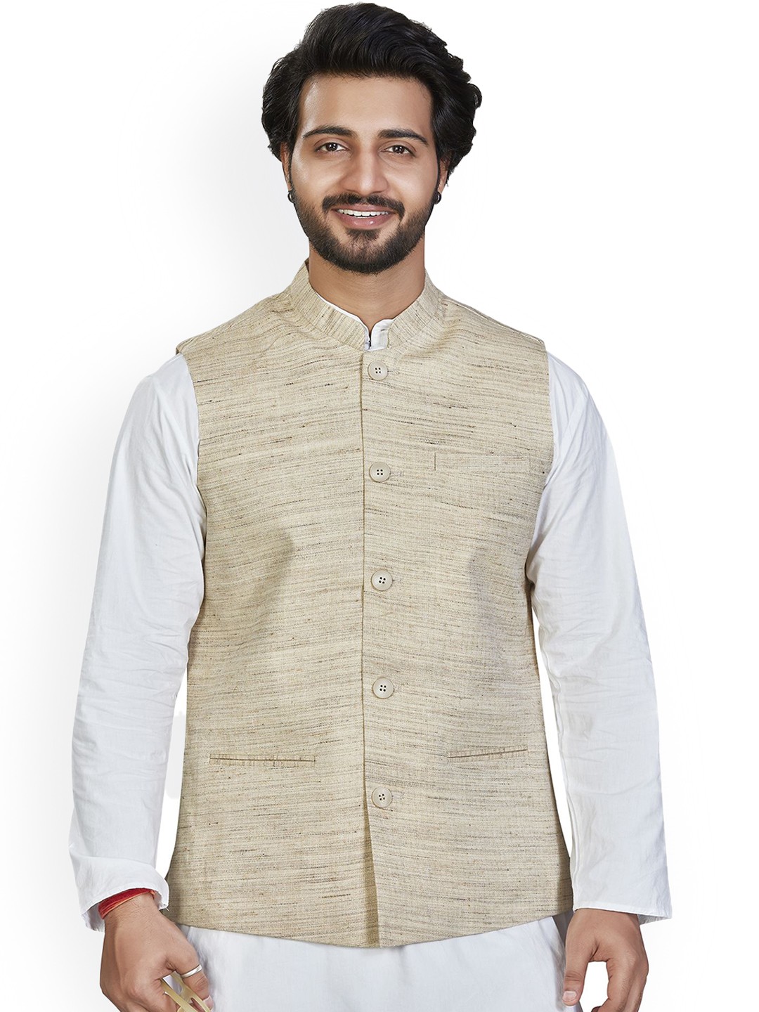 

Authentics Men Woven Design Nehru Jacket, Beige