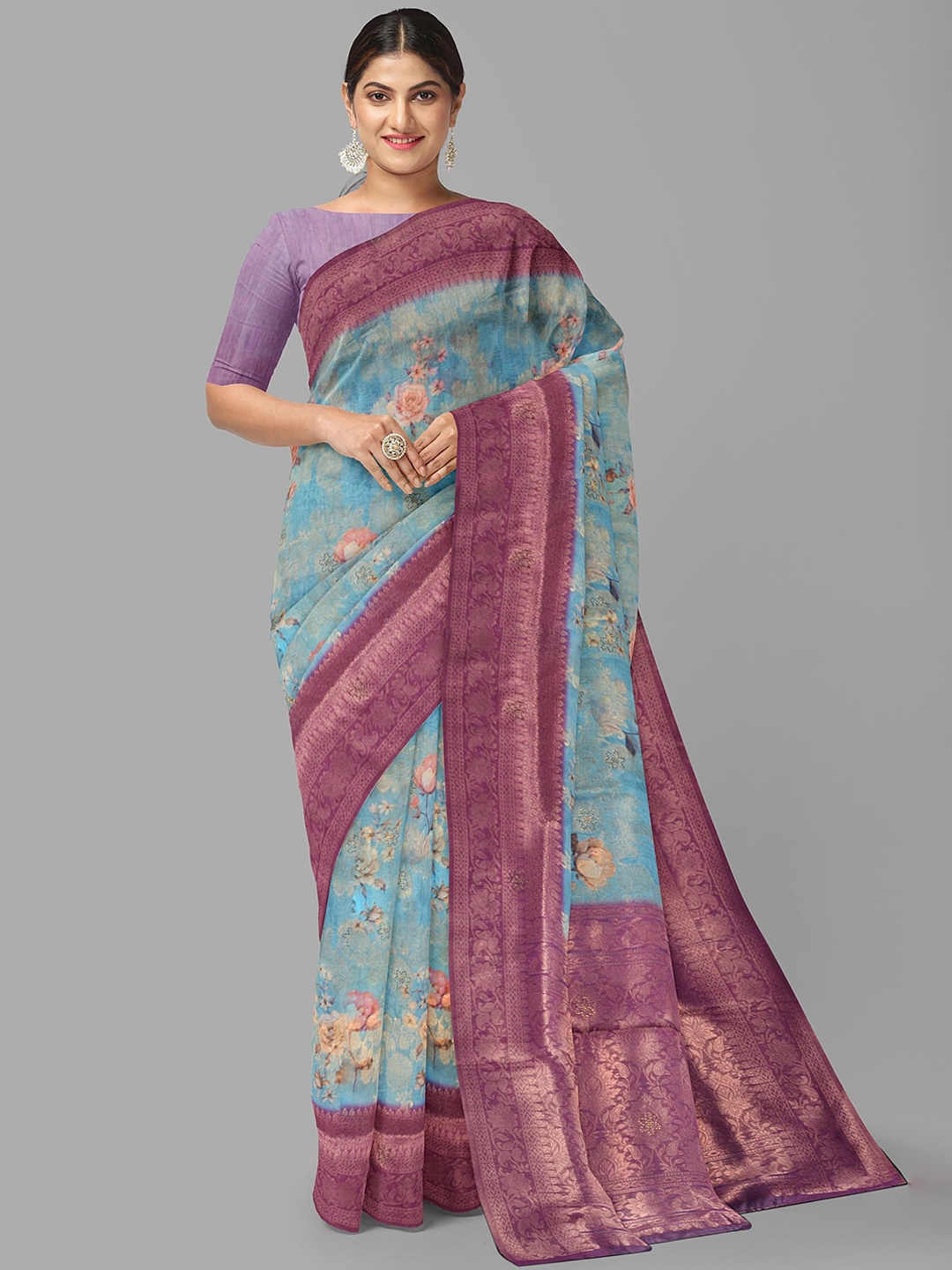 

The Chennai Silks Floral Beads and Stones Organza Banarasi Saree, Blue