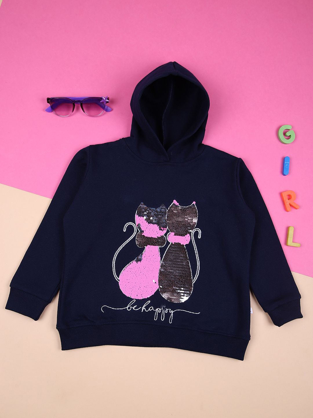 

V-Mart Girls Graphic Printed Hood Cotton Pullover Sweatshirt, Navy blue