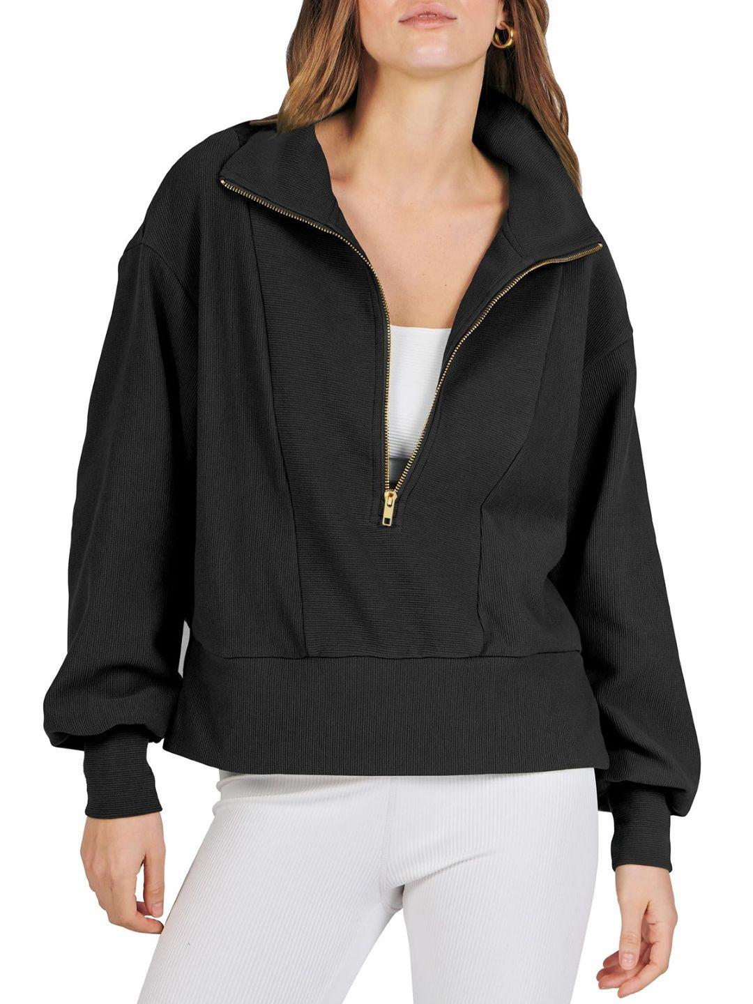 

KPOP Women Shirt Collar Long Sleeves Half Zipper Pullover, Black