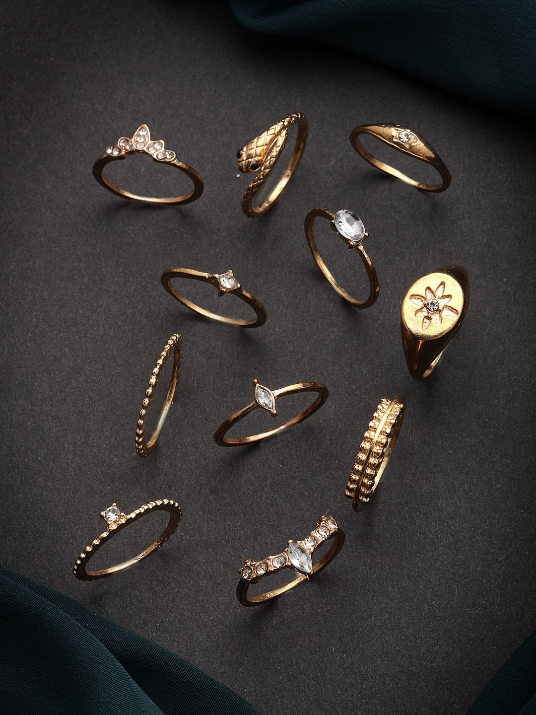 

DressBerry Set Of 11 Gold-Plated CZ Studded Finger Ring