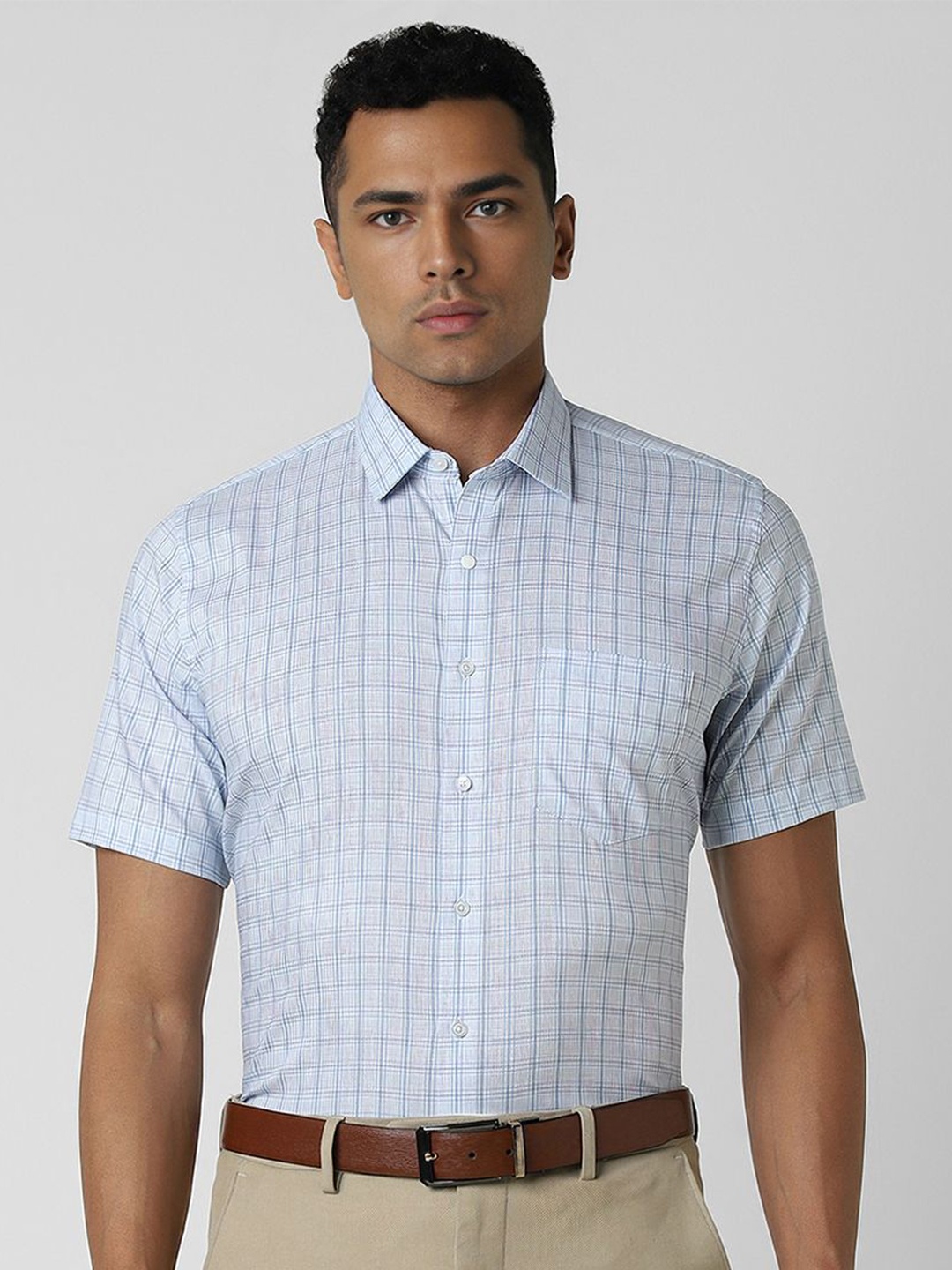 

Van Heusen Men Spread Collar Checked Cotton Slim Fit Formal Shirt, Blue