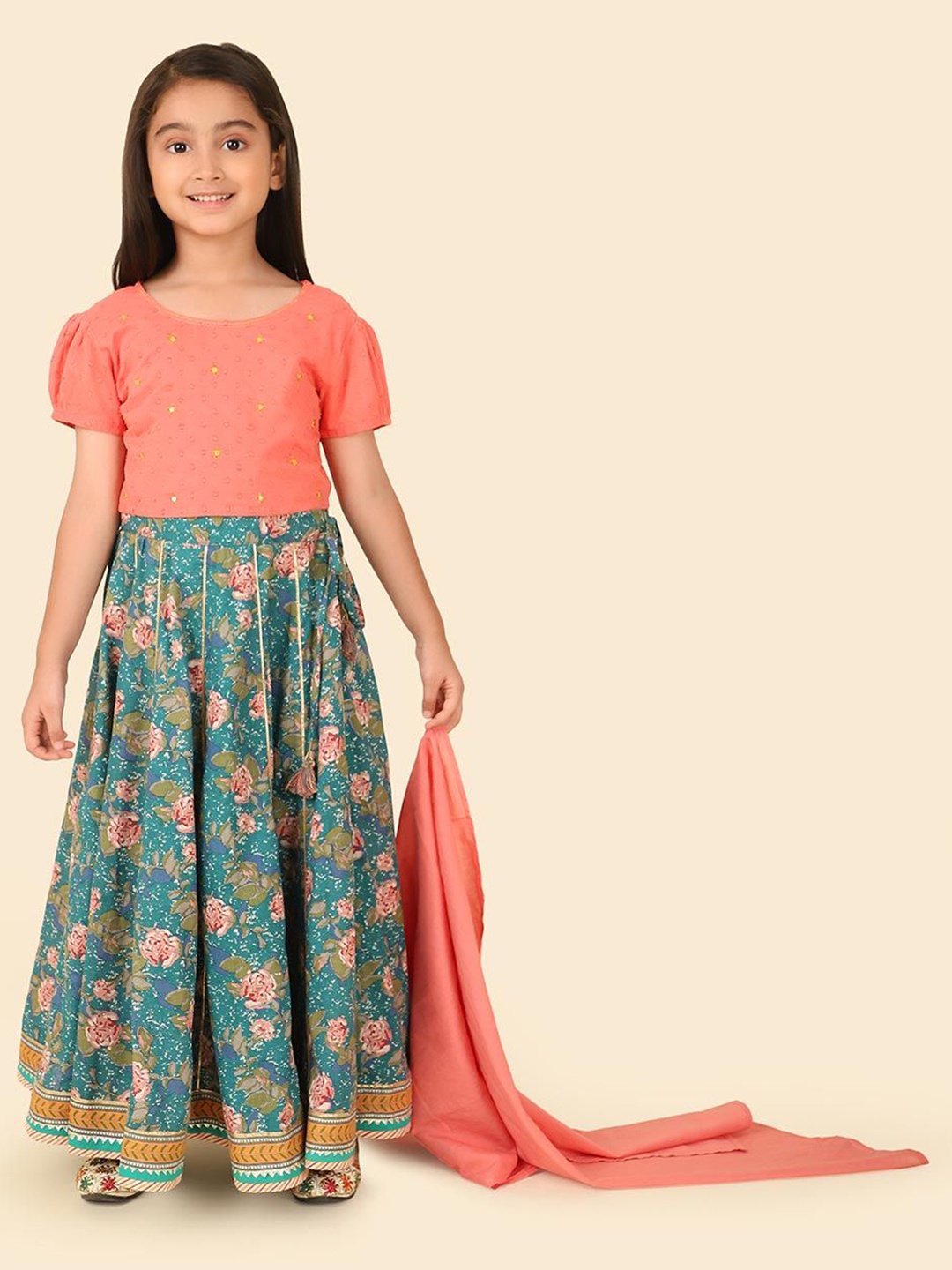 

Fabindia Girls Floral Printed Sequinned Cotton Ready to Wear Lehenga & Blouse With Dupatta, Orange
