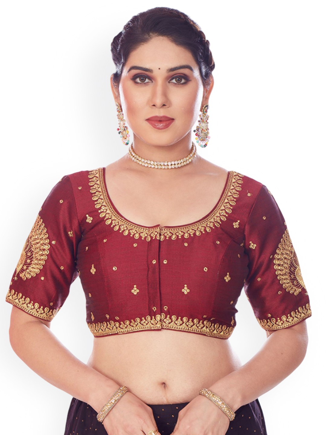 

Mmore Embroidered Padded Saree Blouse, Maroon