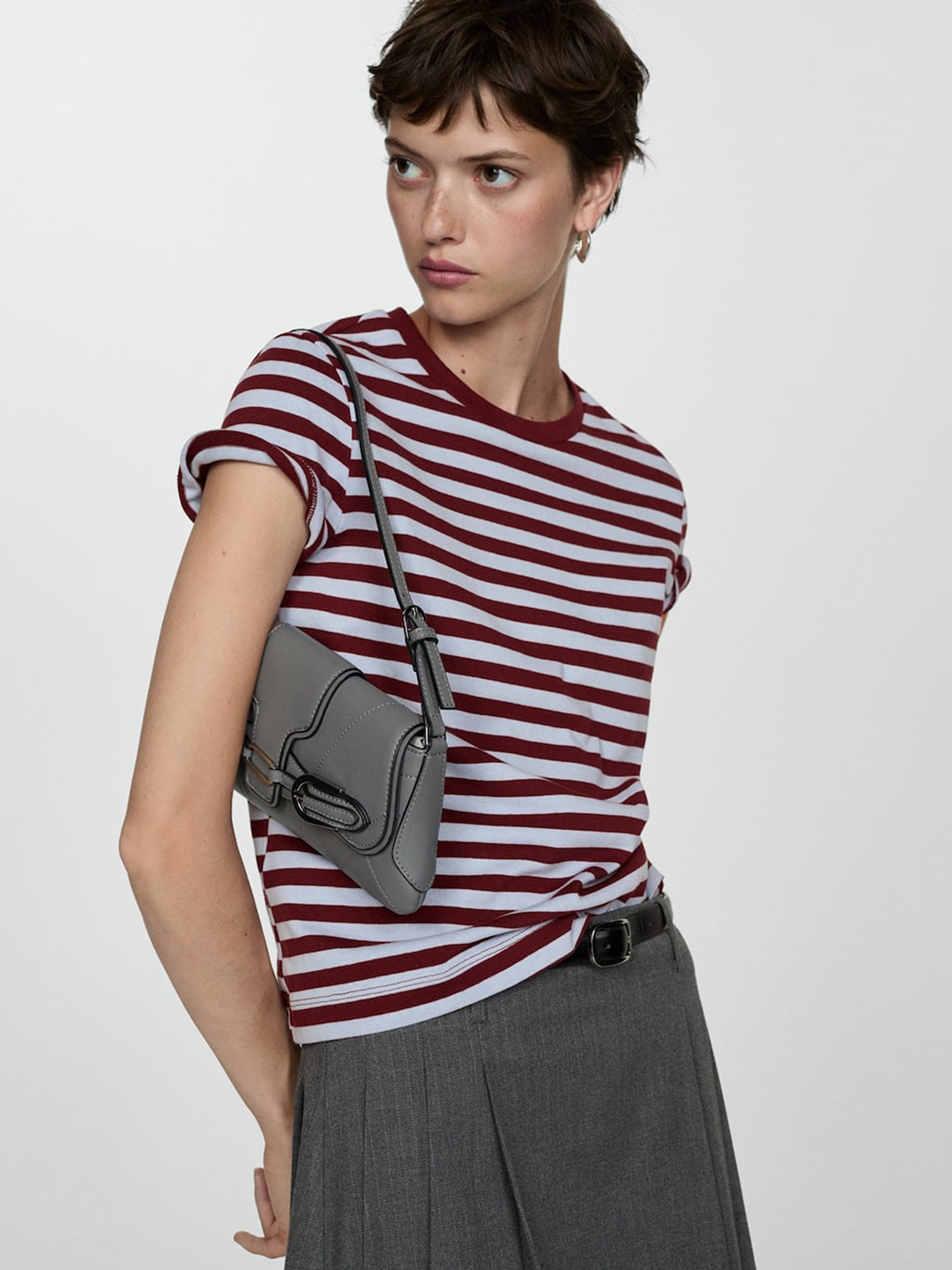 

MANGO Striped Pure Cotton T-shirt, Maroon