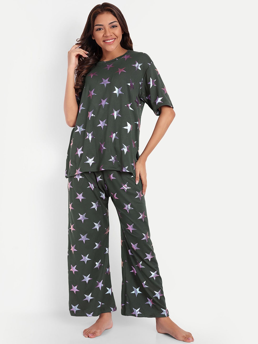 

HAUTEMODA Printed Top With Pyjama Night Suits, Grey