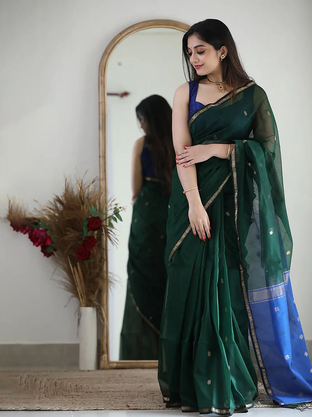 

Anjaneya Sarees Woven Design Zari Silk Cotton Banarasi Saree, Green