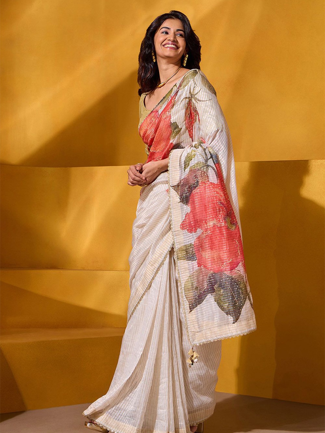 

Taneira Striped Zari Tissue Embroidered Saree, Off white