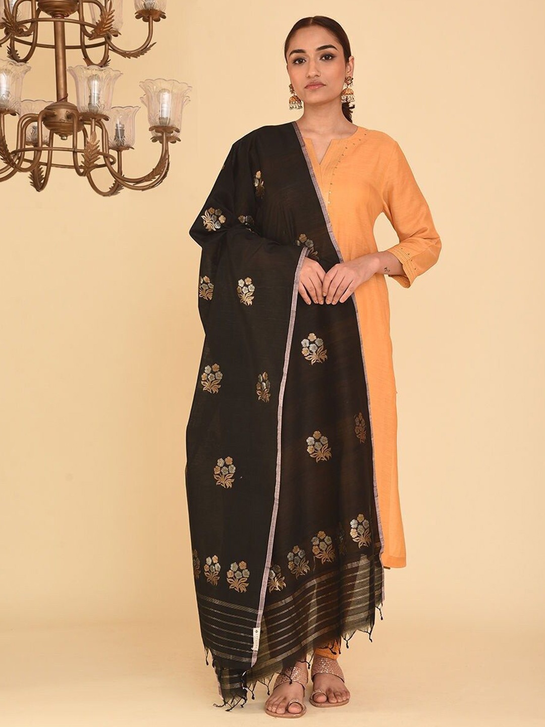 

JAYPORE Woven Design Cotton Silk Dupatta, Black