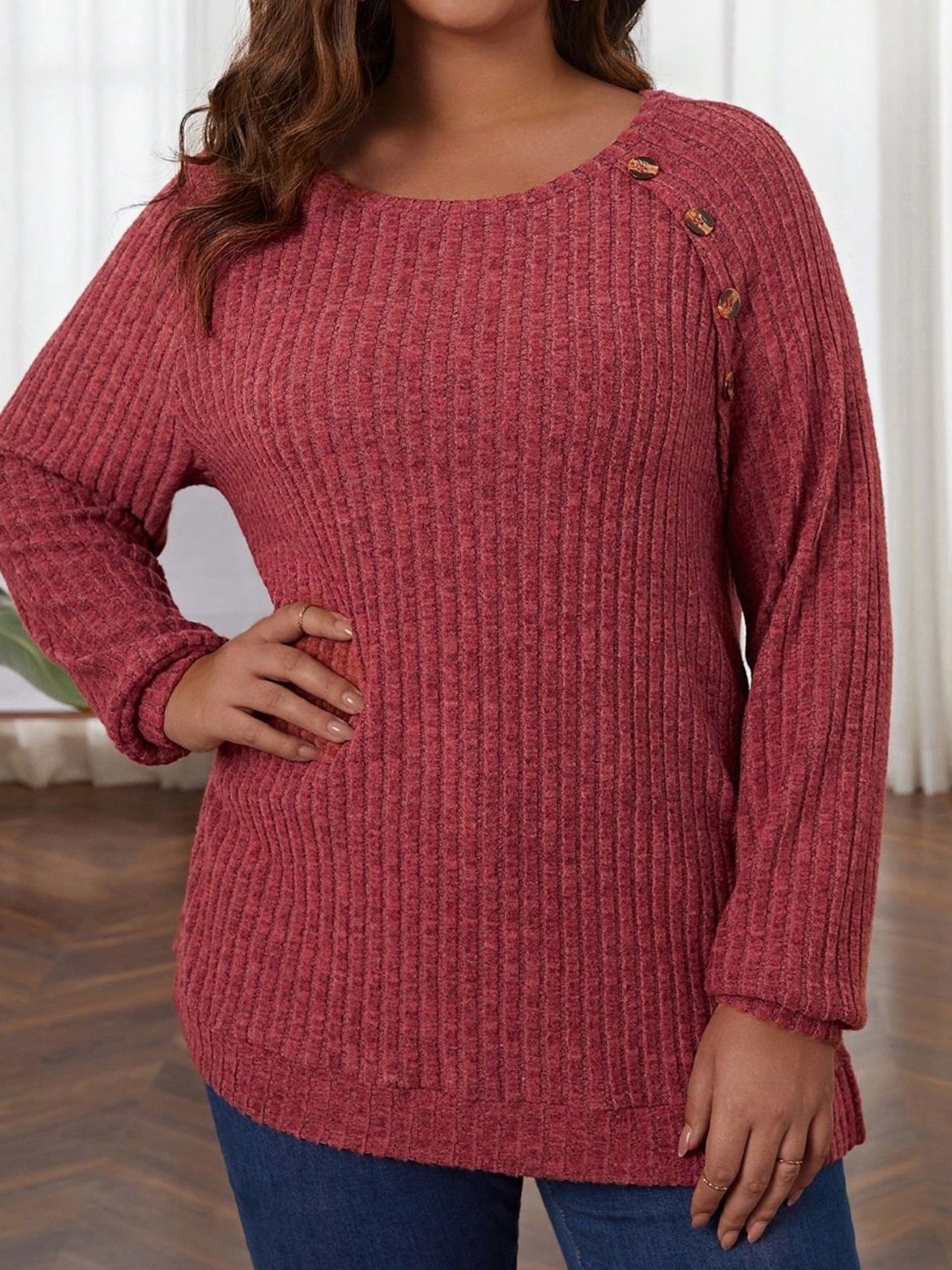

KPOP Women Self Design Round Neck Top, Maroon