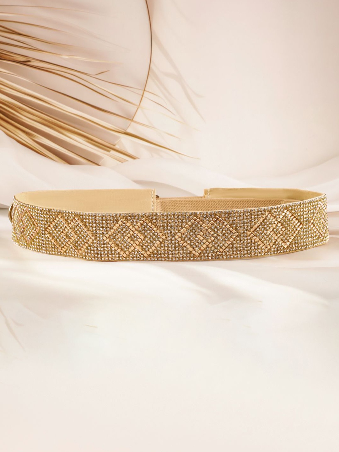 

Rubans Gold-Toned Crystal Zirconia Studded Geometric Design Adjustable Waist Belt