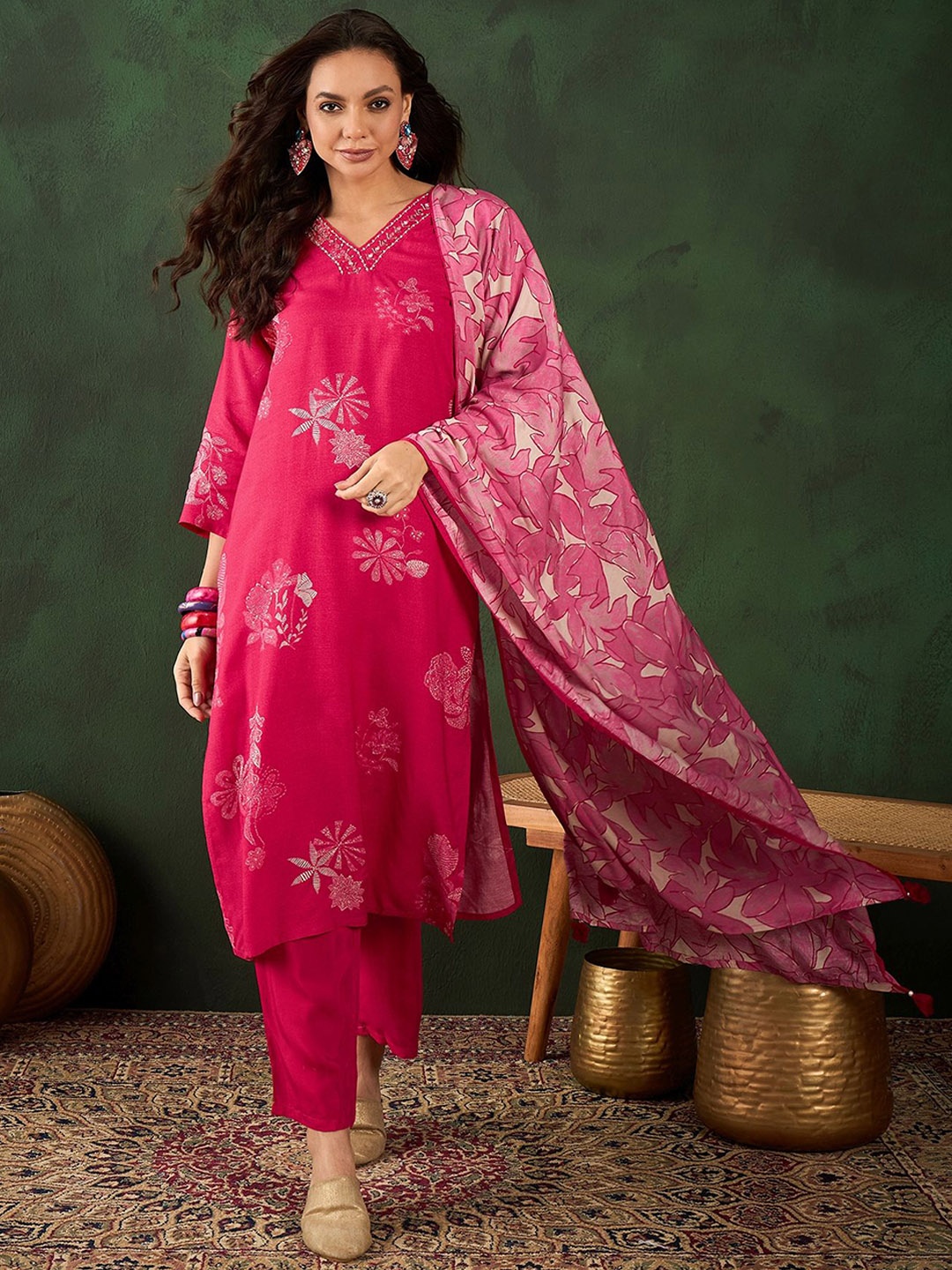 

Sangria Floral Printed With Embroidered Kurta With Trousers & Dupatta Set, Pink