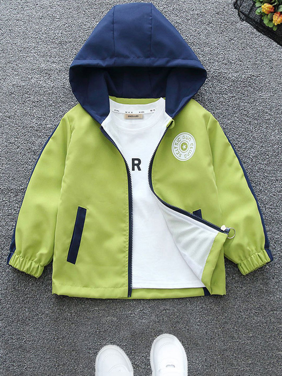 

INCLUD Boys Printed Hooded Neck Open Front Jacket, Green