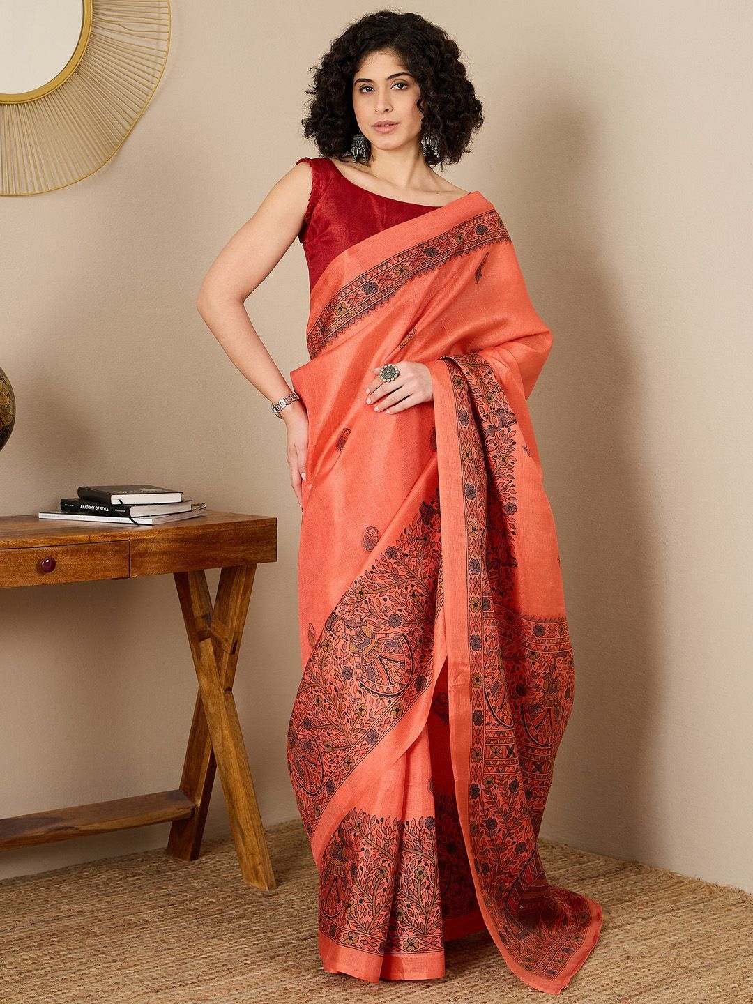 

Saree mall Ethnic Motifs Silk Blend Ready to Wear Tussar Sarees, Orange