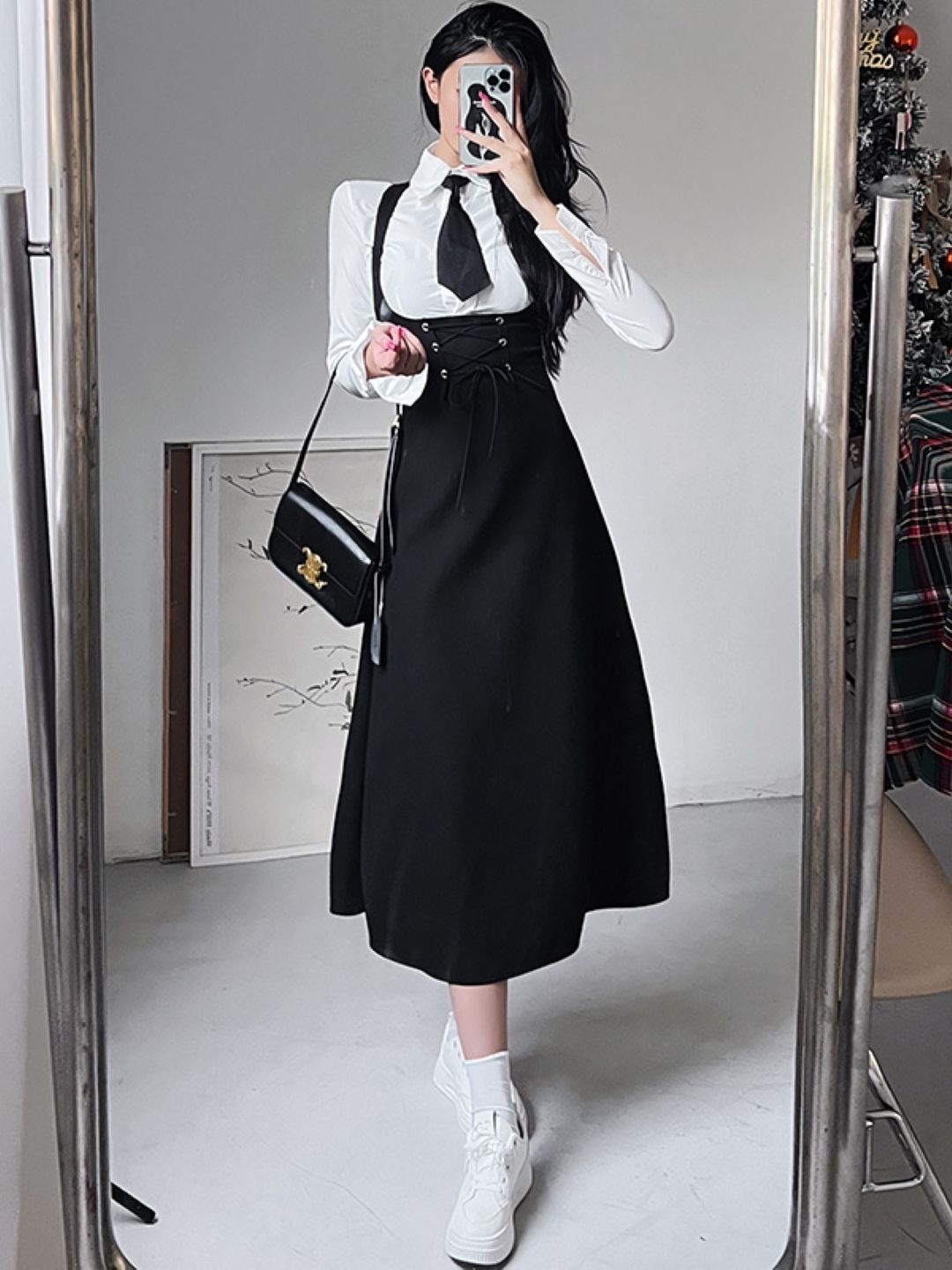 

KPOP Women Shirt Collar Cuffed Sleeves Tie-Ups Fit and Flare Maxi Dress, Black