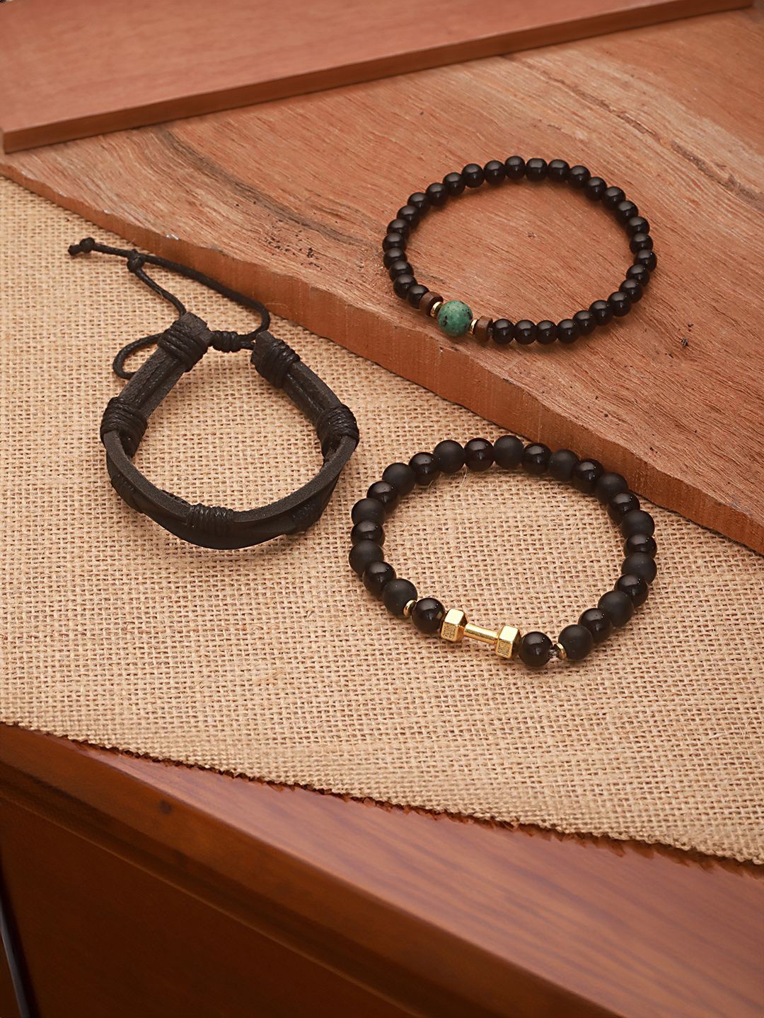 

Jazz and Sizzle Men Set Of 3 Brass Beaded Elasticated Bracelet, Black