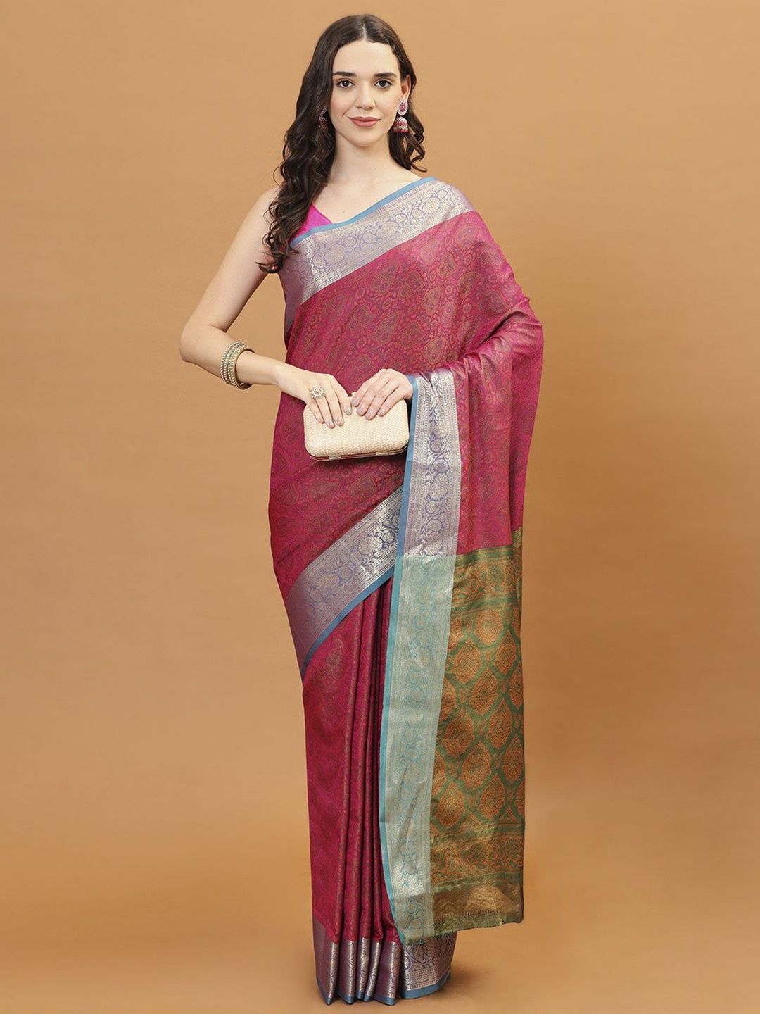 

Meena Bazaar Ethnic Motifs Woven Design Zari Saree, Pink