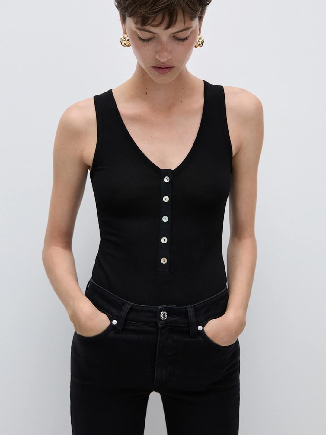 

MANGO V-Neck Bodysuit, Black