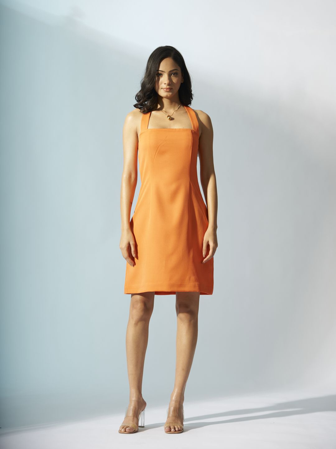 

Risate Women Halter Neck Crepe A-Line Dress, Orange