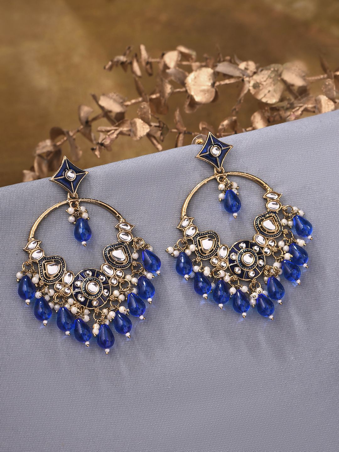 

Kalakrith Milano Chandbali Kundan Studded & Crystals Circular Drop Earrings, Gold