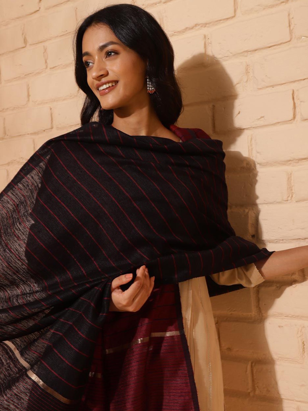 

Fabindia Striped Silk Dupatta, Black