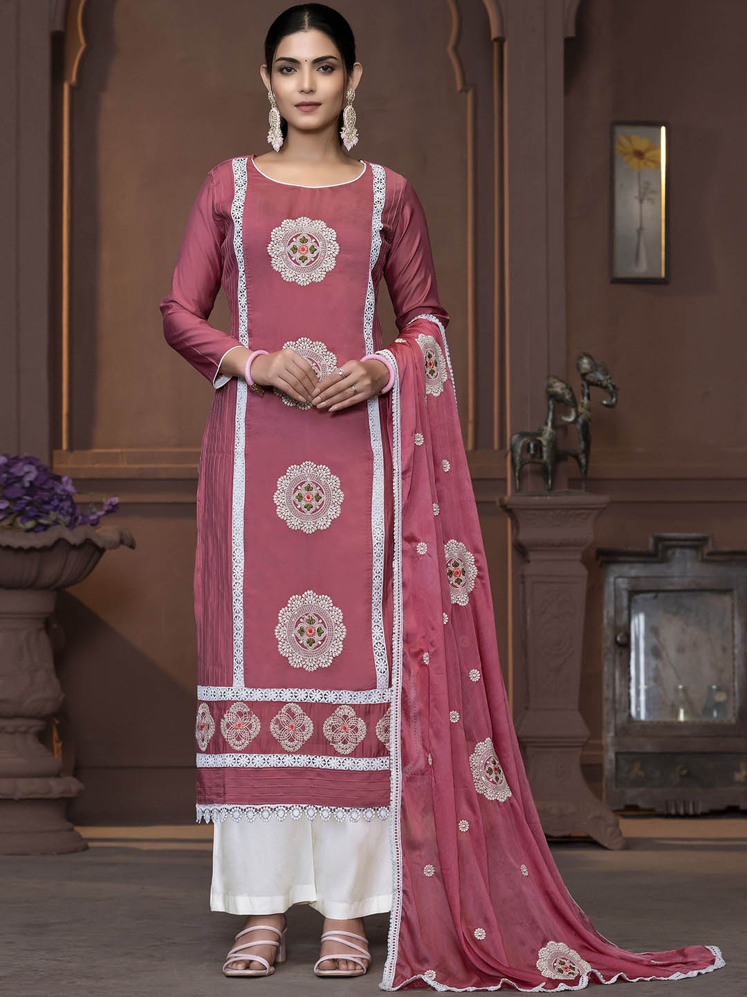 

Maroosh Floral Embroidered Unstitched Dress Material, Pink