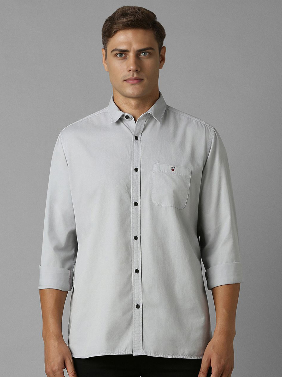 

Louis Philippe Jeans Men Spread Collar Solid Cotton Slim Fit Casual Shirt, Grey