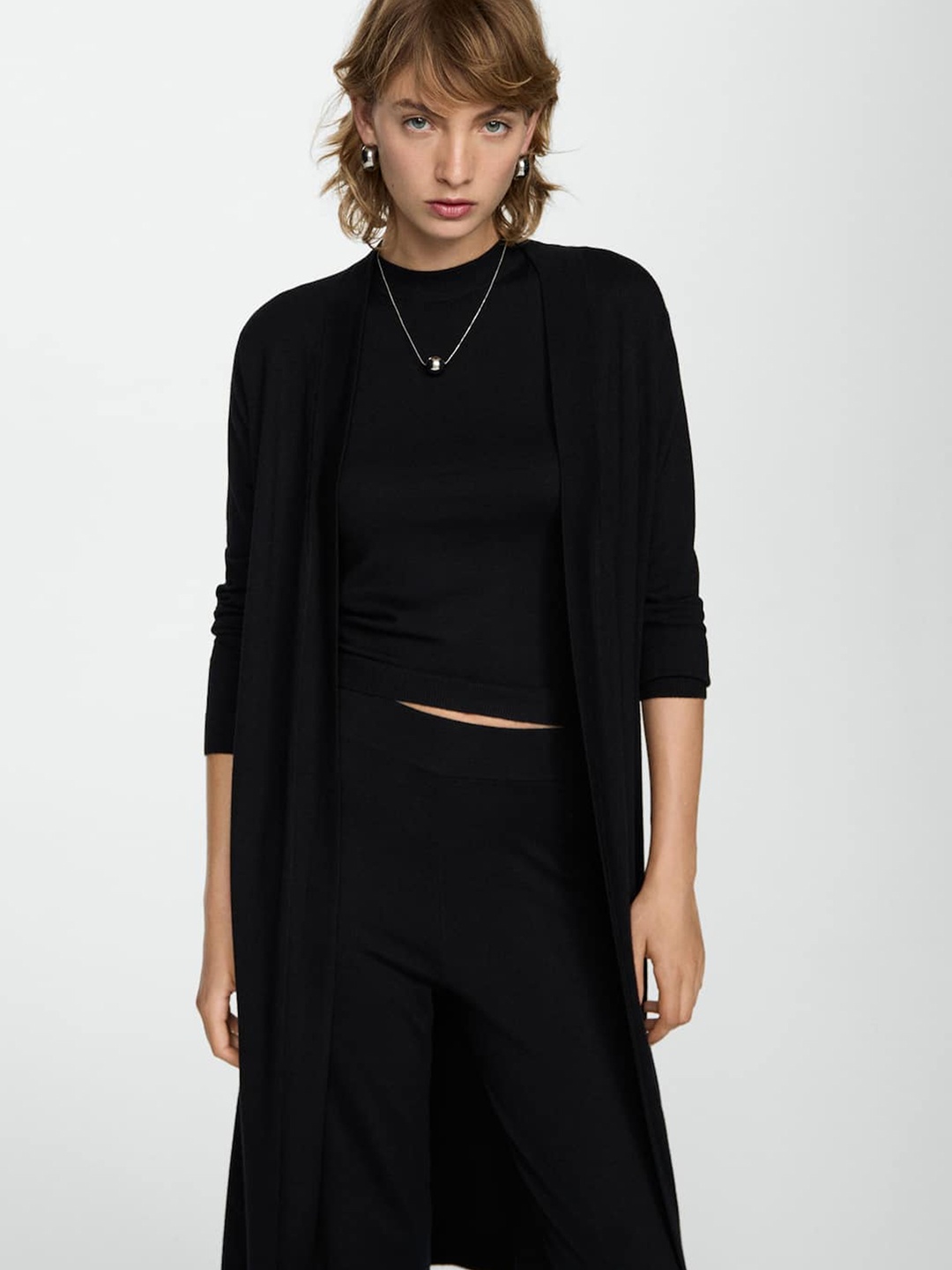 

MANGO Front-Open Longline Sweater, Black