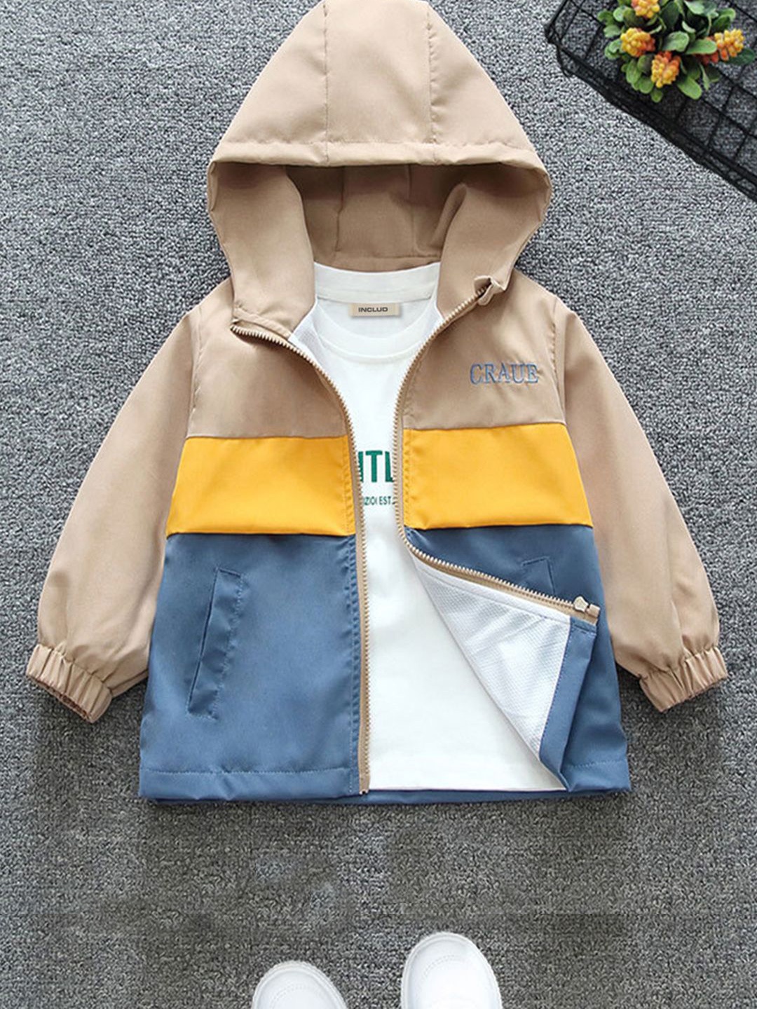 

INCLUD Boys Colourblocked Hooded Neck Full Sleeves Open Front Jacket, Khaki