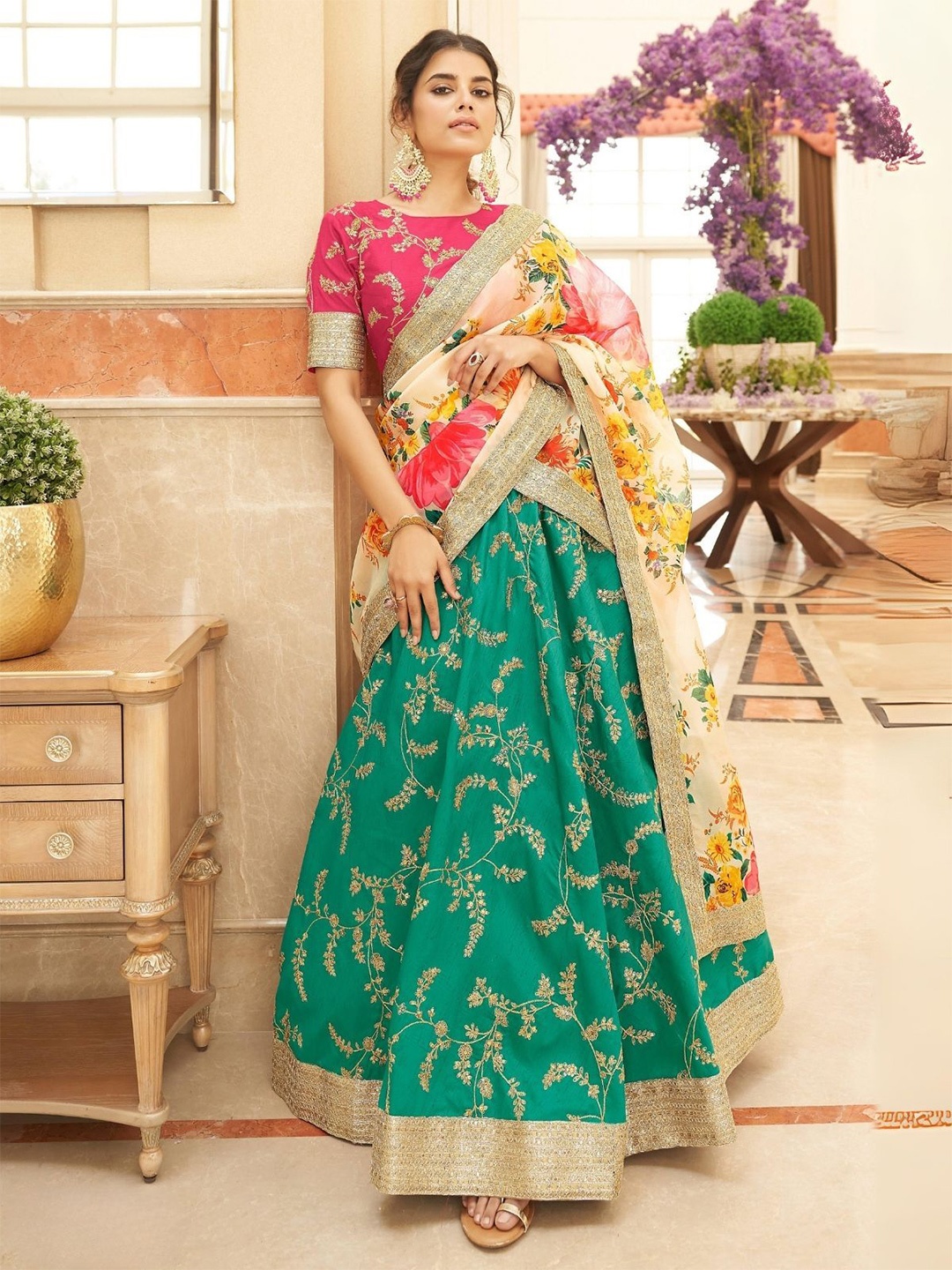 

ODETTE Embroidered Semi-Stitched Lehenga & Blouse With Dupatta, Pink