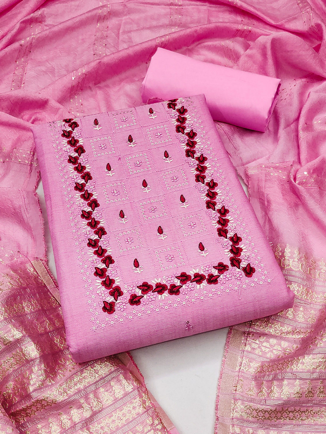 

KALINI Floral Embroidered Sequinned Pure Cotton Unstitched Dress Material, Pink