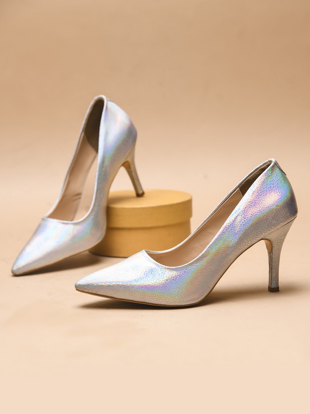 

THE WHITE POLE Women Closed Back Stiletto Heel Pumps, Silver