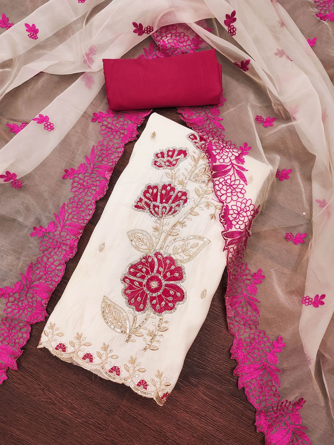 

MANVAA Floral Sequinned Embellished Unstitched Dress Material, White