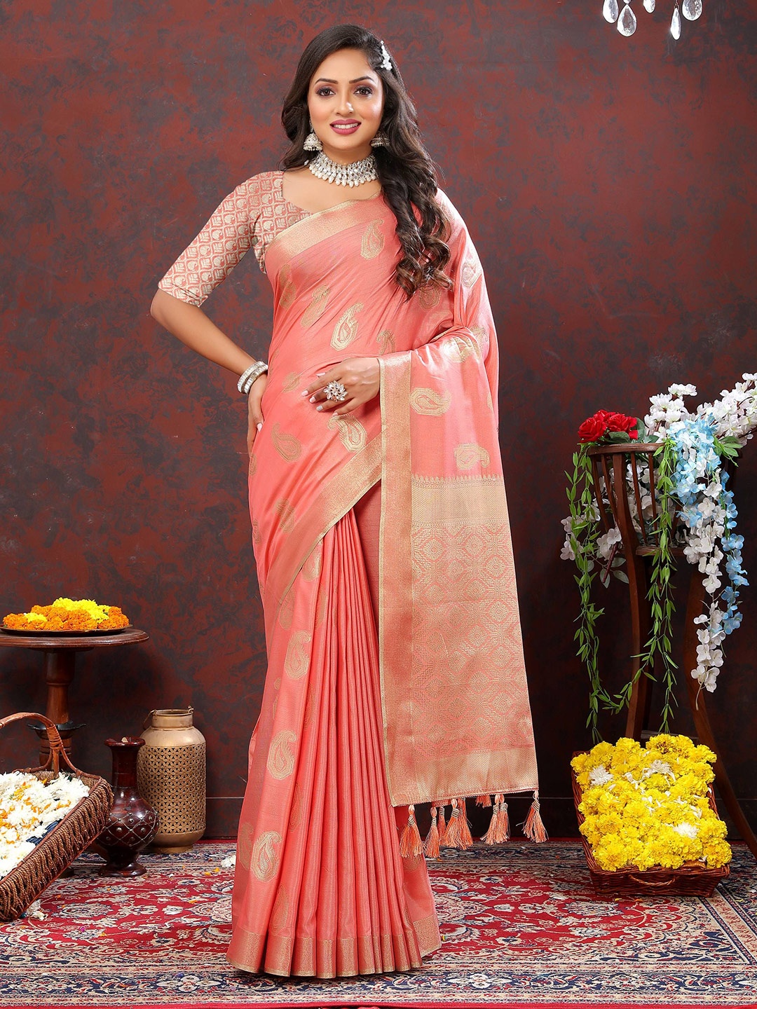 

Zeekha Woven Design Zari Pure Silk Kanjeevaram Saree, Peach