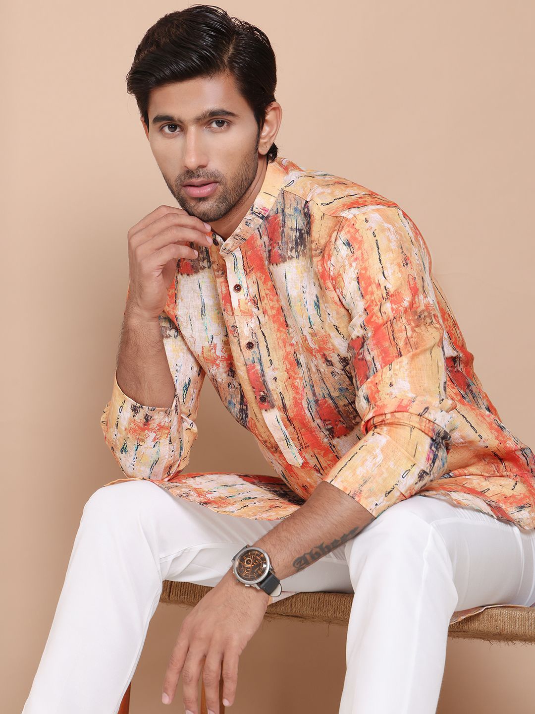 

Jompers Men Printed Regular Pure Cotton Kurta with Pyjamas, Orange