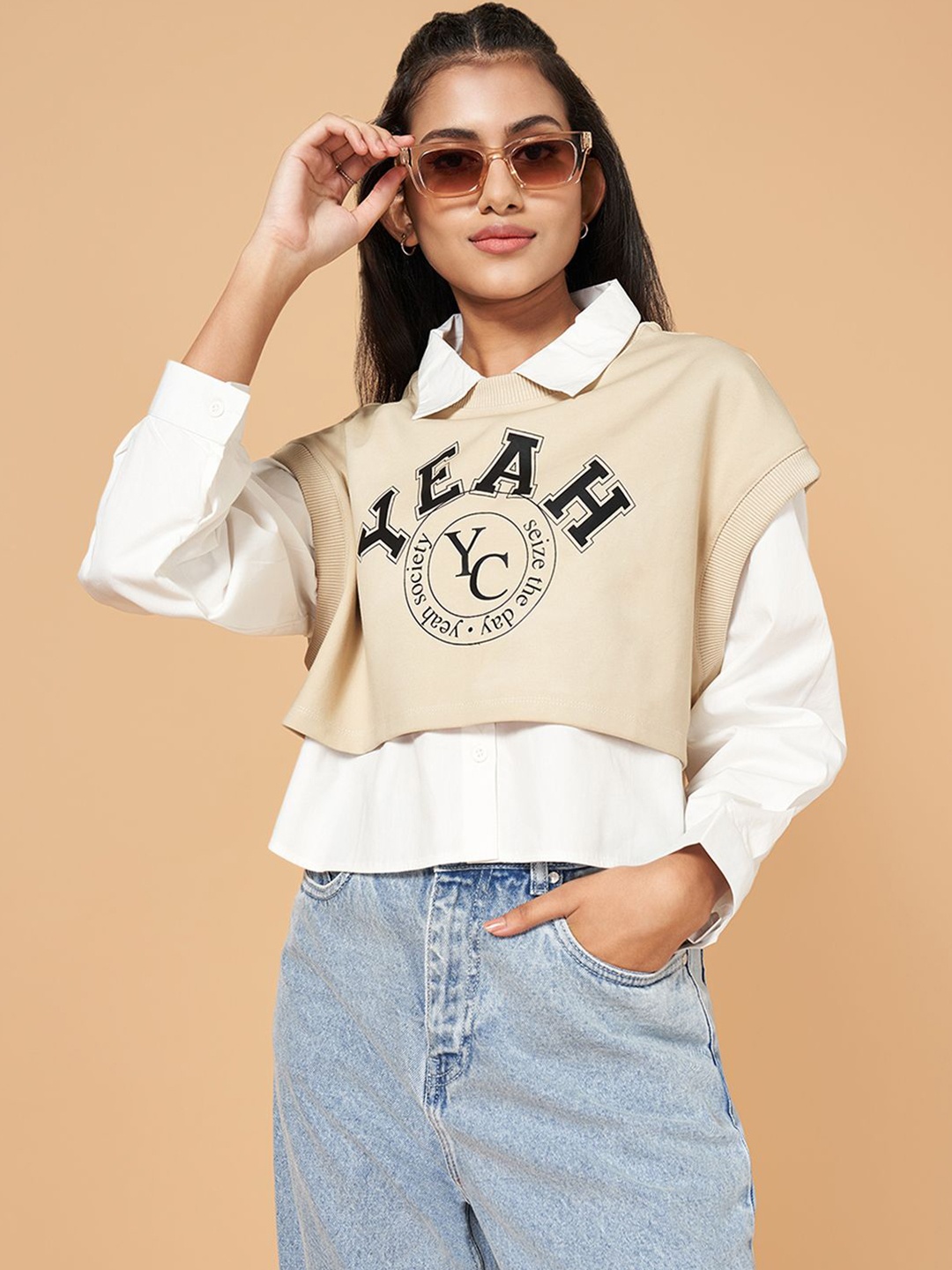 

People Women Typography Printed Round Neck Top, Beige