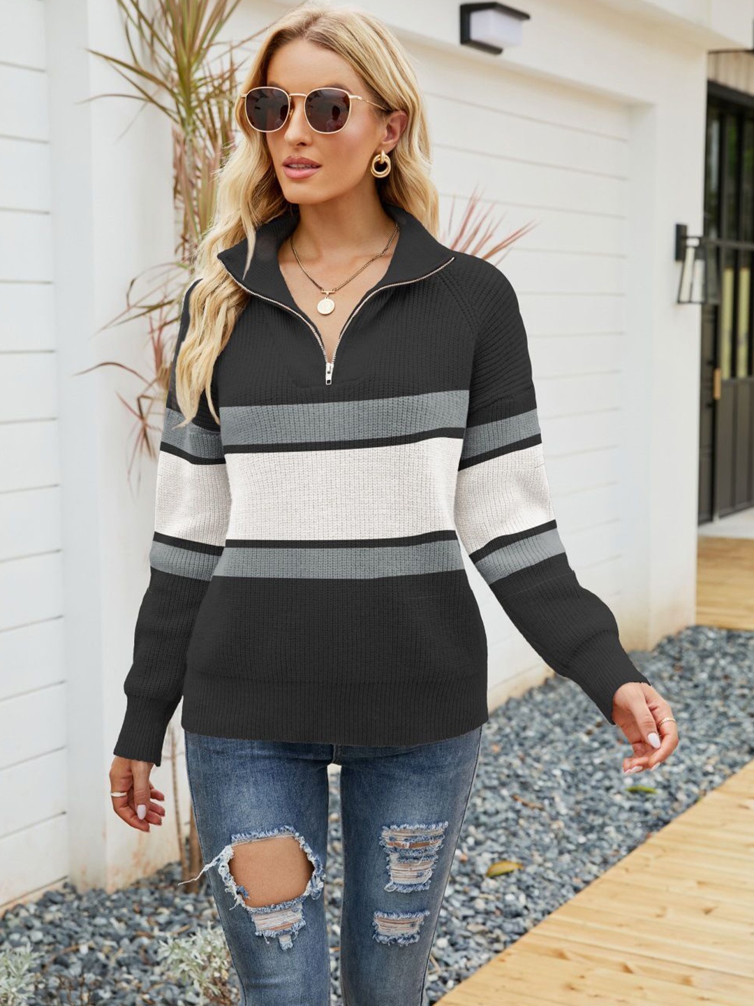 

StyleCast Women Striped Pullover, Black