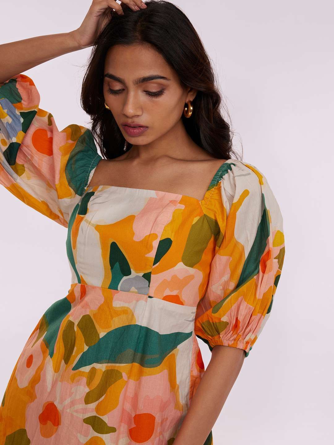 

POPPI Women Square Neck Puff Sleeves Abstract Print Bodycon Mini Dress, Yellow