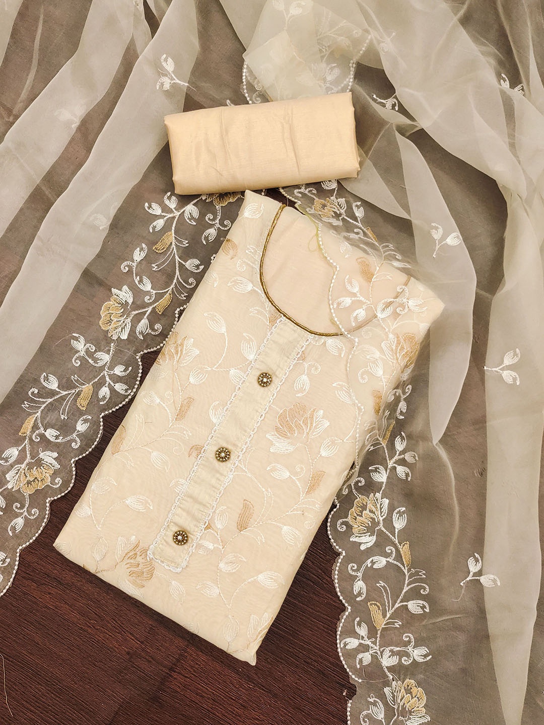 

MANVAA Floral Embroidered Detail Unstitched Dress Material, Off white