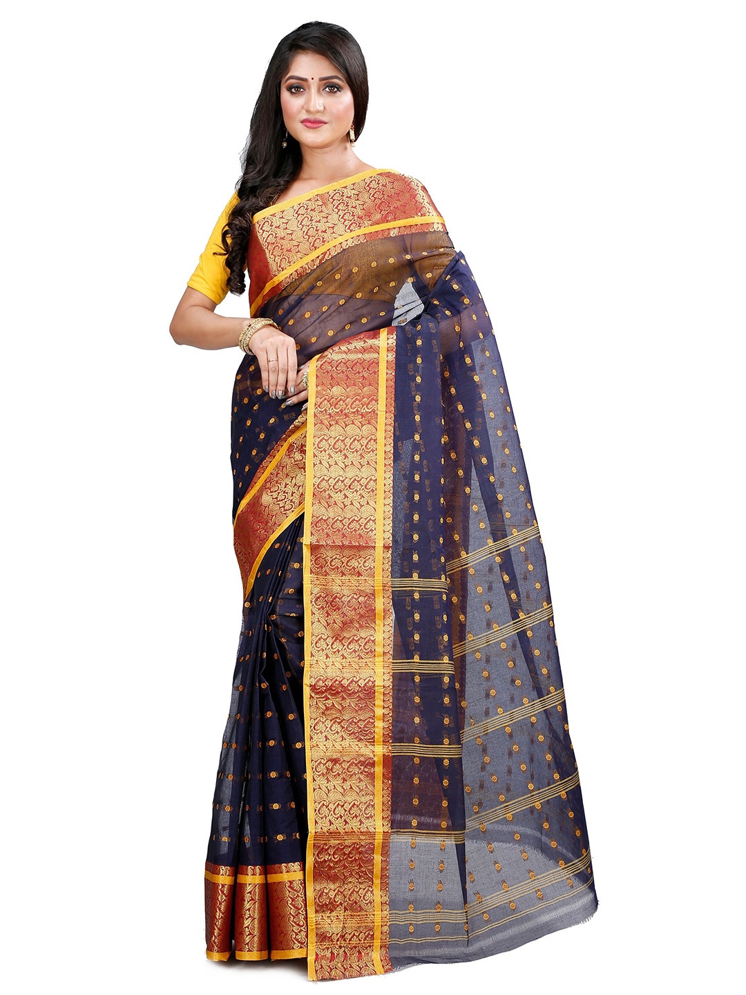 

DipDiya Woven Design Zari Pure Cotton Taant Saree, Black