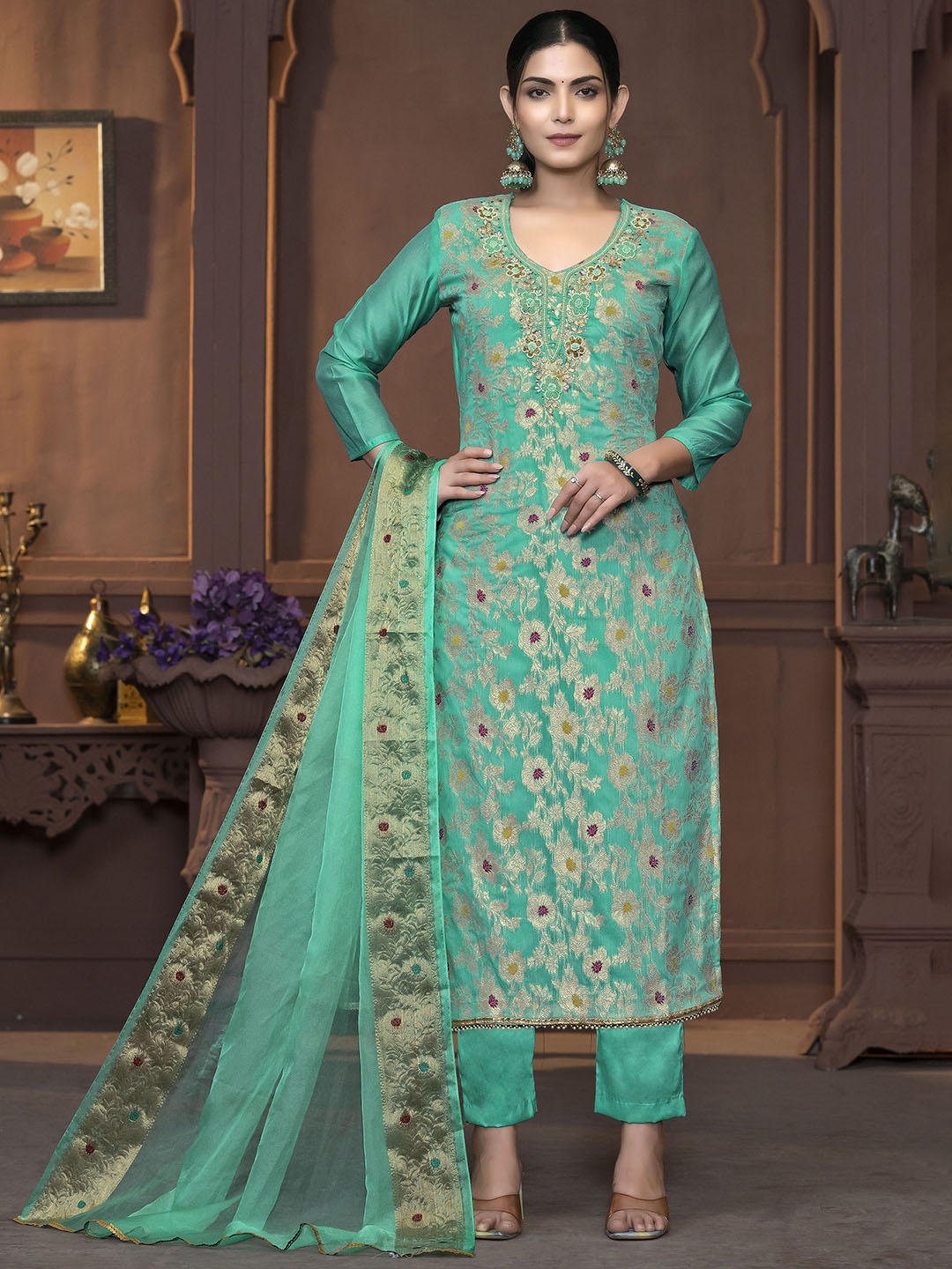 

MANVAA Woven Design Unstitched Dress Material, Sea green
