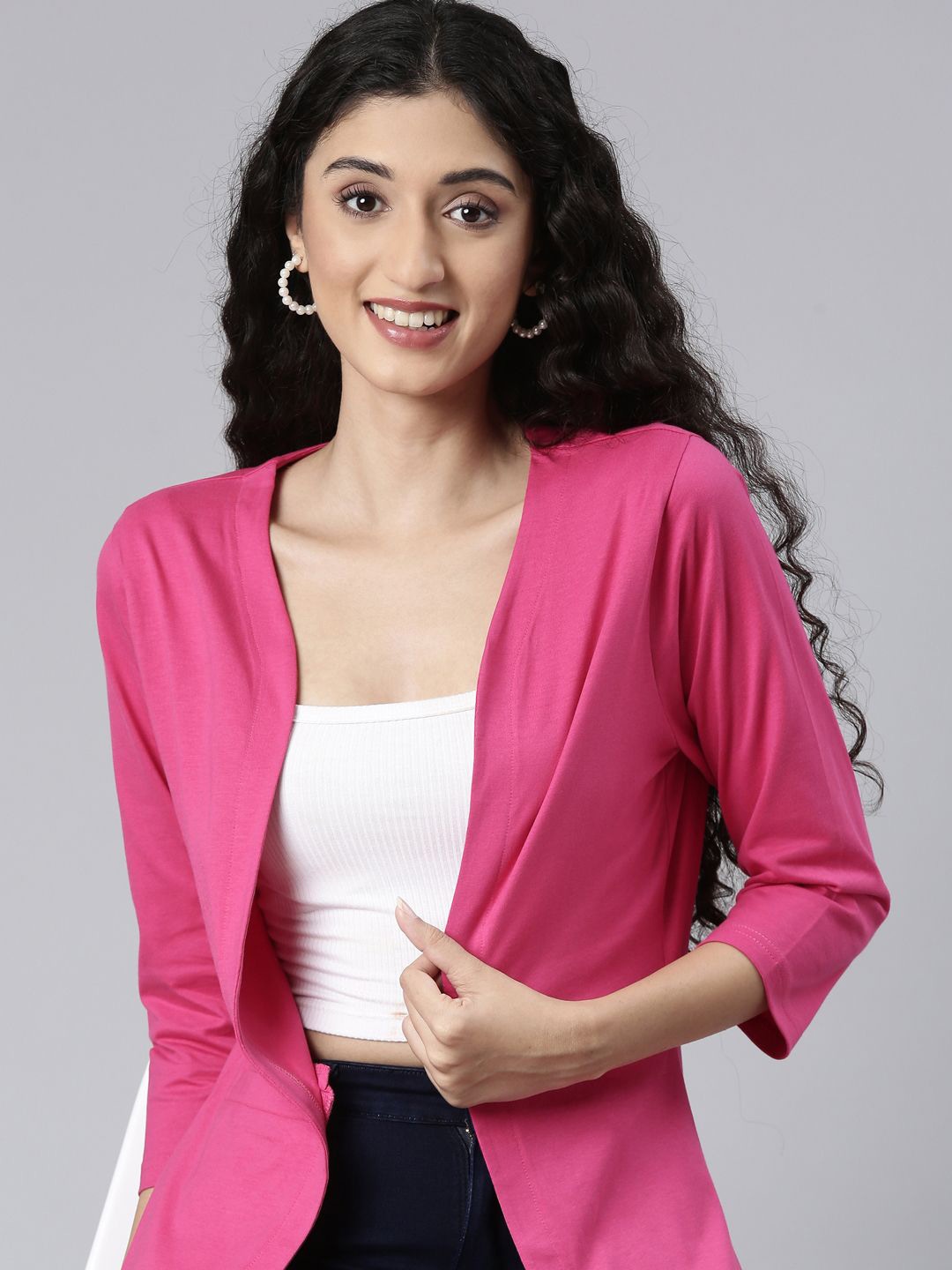 

TWIN BIRDS Three-Quarter Sleeves Pure Cotton Open Front Shrug, Pink