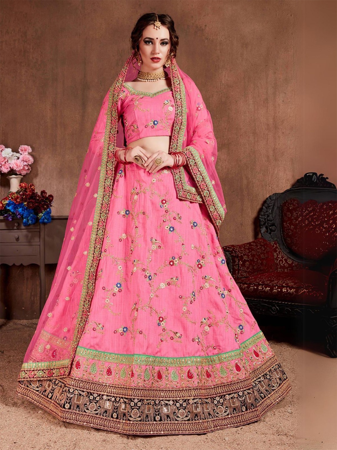 

ODETTE Embroidered Semi-Stitched Lehenga & Blouse With Dupatta, Pink