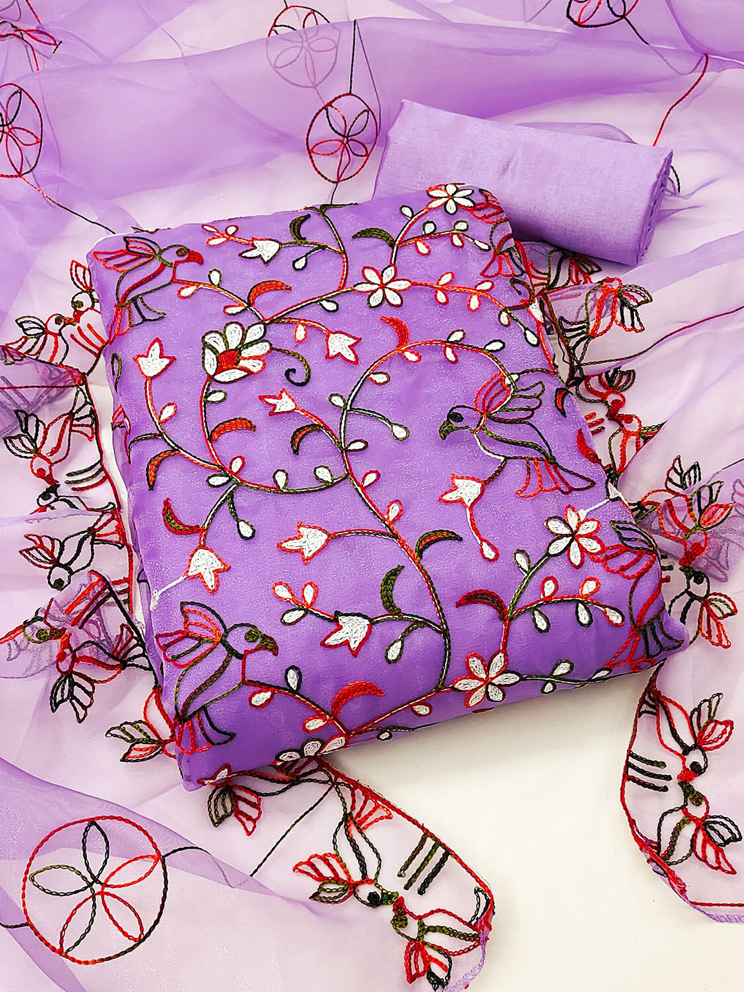 

KALINI Floral Embroidered Organza Unstitched Dress Material, Purple