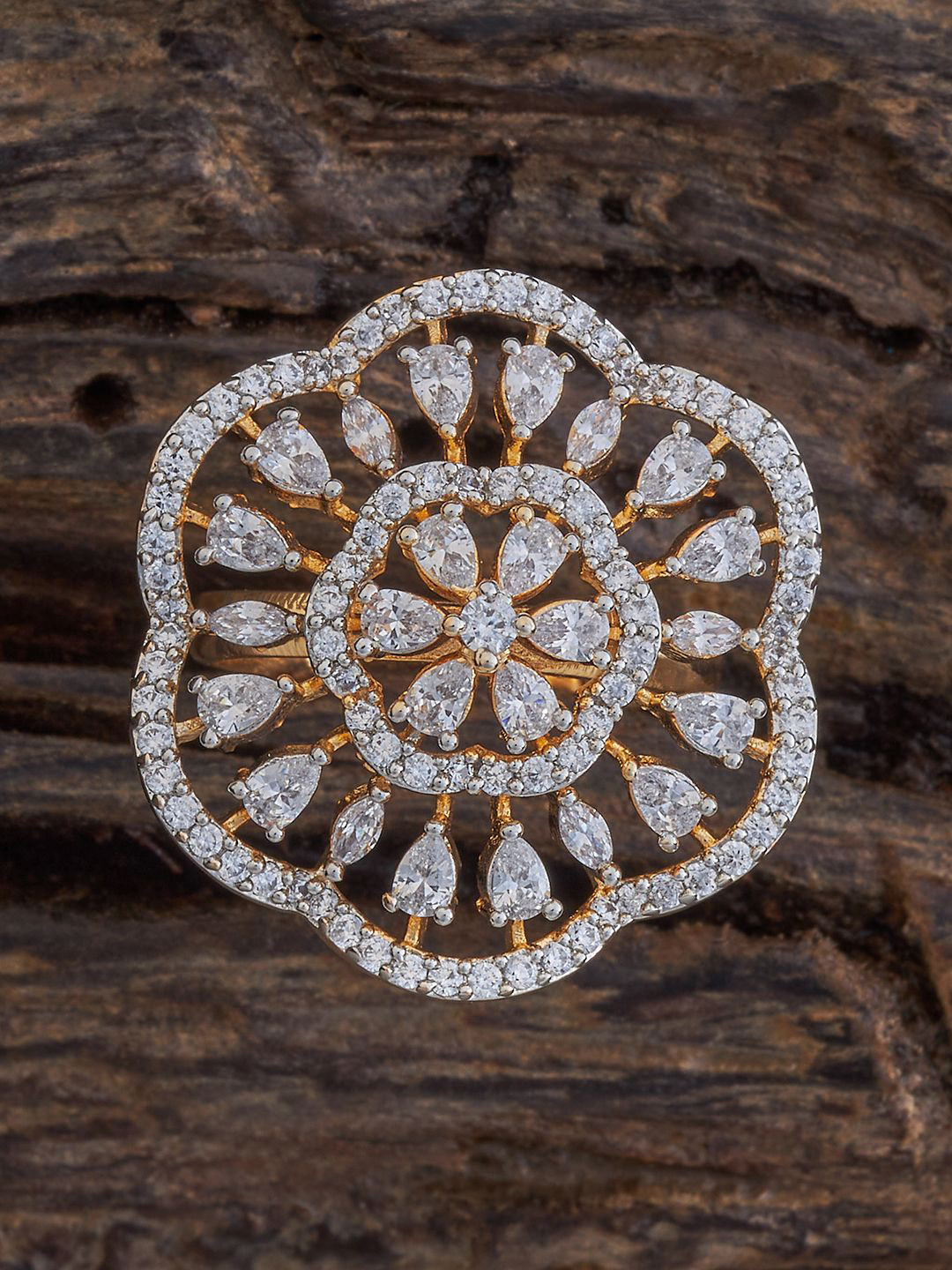 

Kushal's Fashion Jewellery Rhodium Plated Zircon Studded Floral Adjustable Finger Ring, Gold