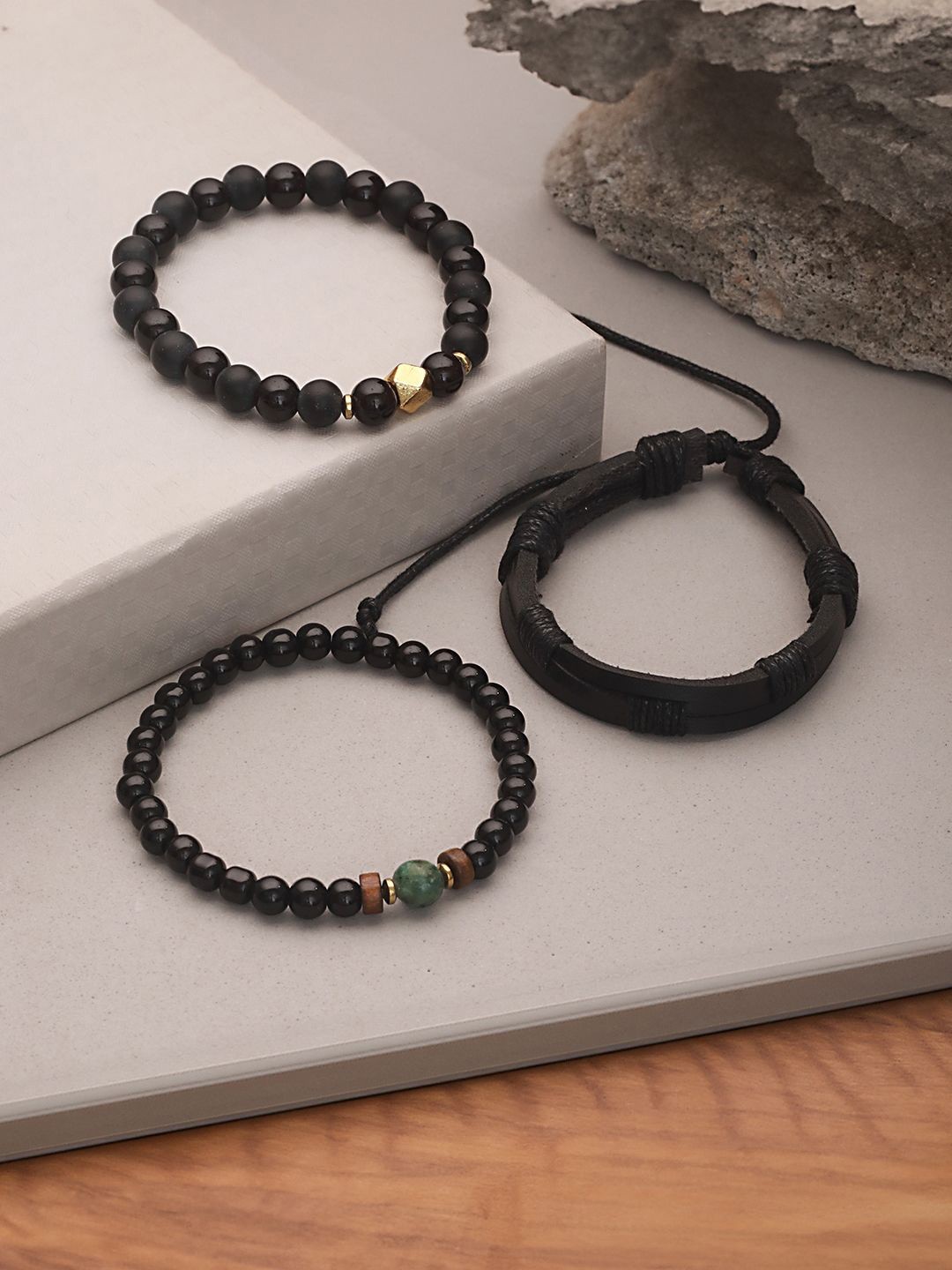 

Jazz and Sizzle Men Set Of 3 Brass Wraparound Bracelet, Black