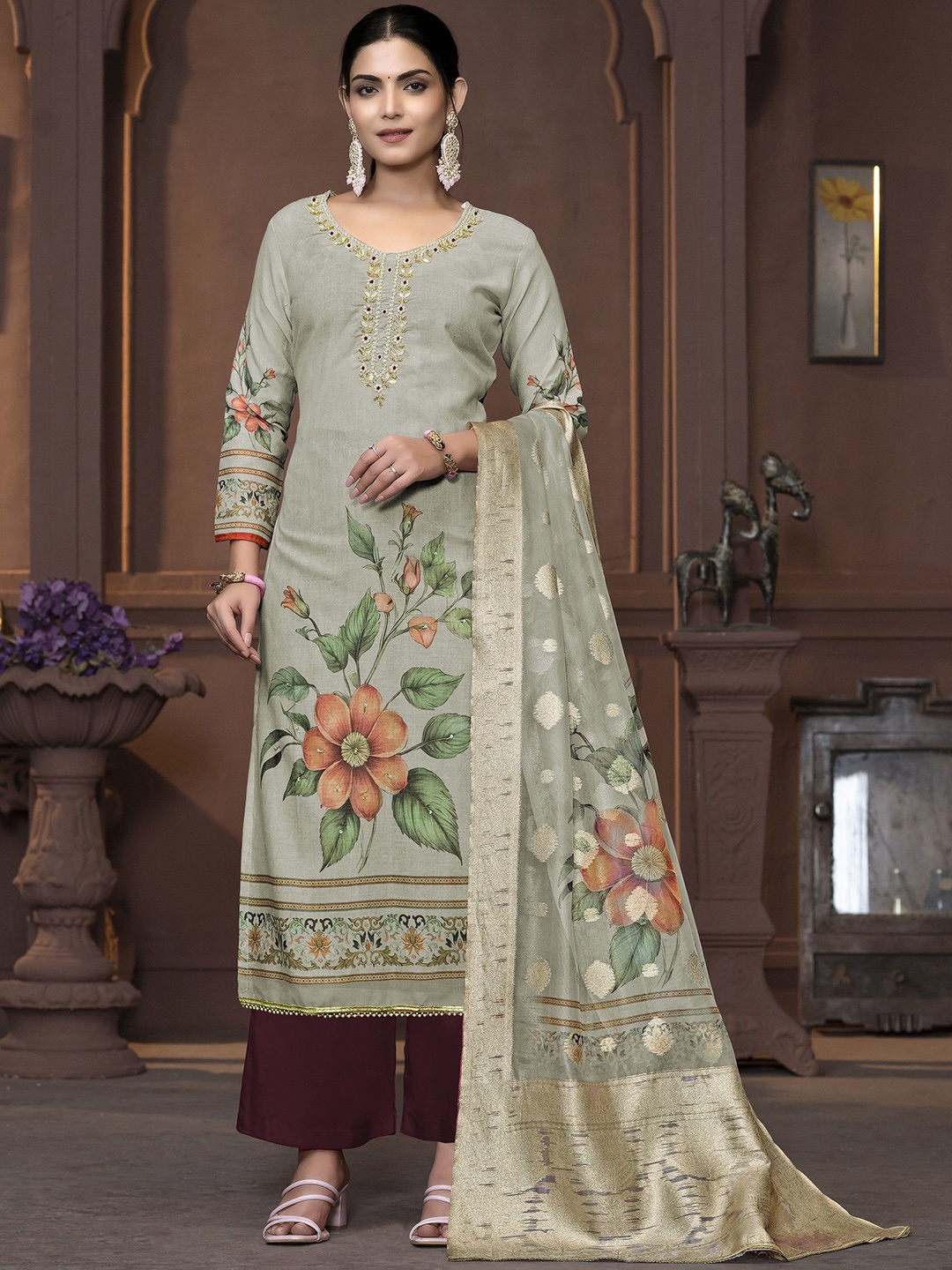 

Maroosh Floral Embellished Beads and Stones Unstitched Dress Material, Grey