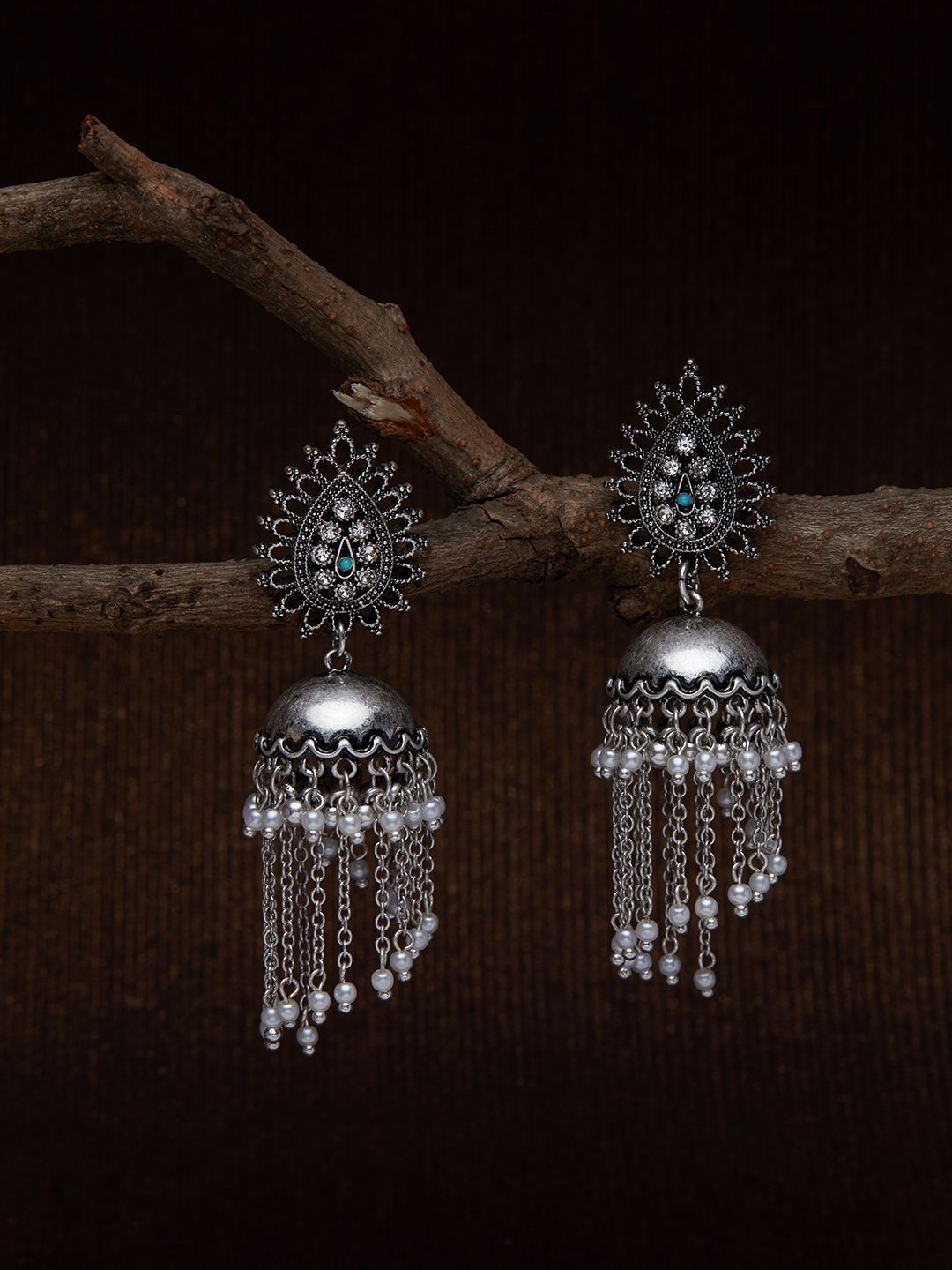 

Kalakrith Milano Dome Shaped Pearl Oxidised Jhumkas, Silver